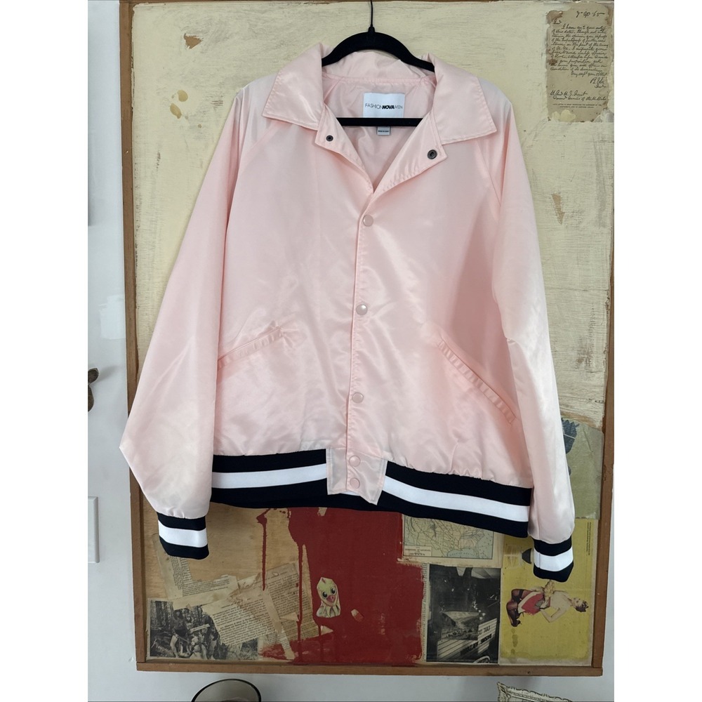 Fashion Nova Men Pink Coach Jacket Snap Front Windbreaker Varsity Trim SIZE XL